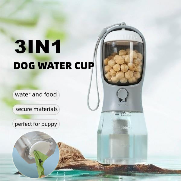 3‑in‑1 Portable Dog Water Bottle – Travel Cup with Food Container & Waste Bag Dispenser