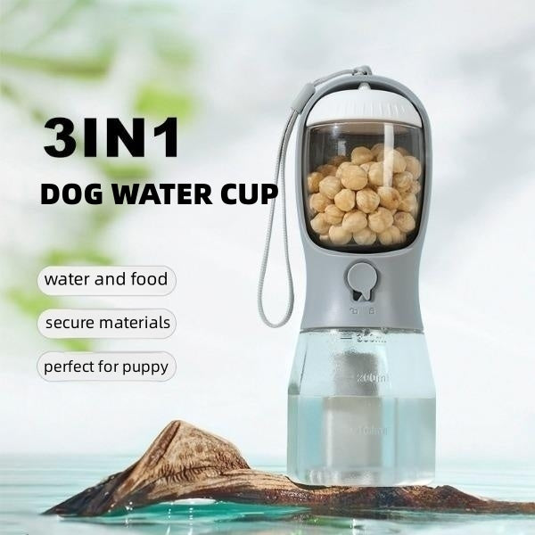 3‑in‑1 Portable Dog Water Bottle – Travel Cup with Food Container & Waste Bag Dispenser